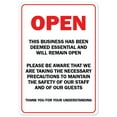 thumbnail image 1 of SignMission OS-NS-A-1014-25521 Covid-19 Notice Aluminum Sign - Open This Business Has Been Deemed Essential & Will Remain Open, 1 of 7