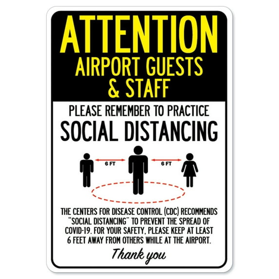SignMission OS-NS-D-1824-25383 Covid-19 Notice Sign - Attention Airport Guests & Staff Practice Social Distancing