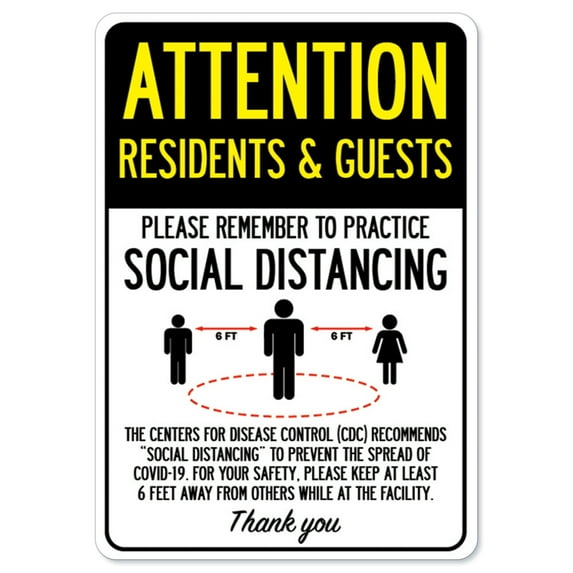 SignMission OS-NS-D-1014-25401 Covid-19 Notice Sign - Attention Residents & Guests Practice Social Distancing