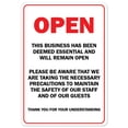 thumbnail image 1 of SignMission OS-NS-A-1218-25521 Covid-19 Notice Sign - Open This Business Has Been Deemed Essential & Will Remain Open, 1 of 7