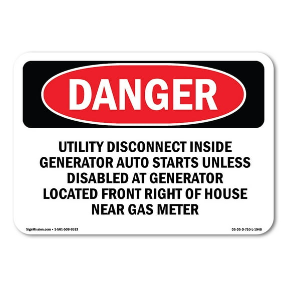SignMission Danger Utility Disconnect Inside Generator Auto OSHA Decal Sign