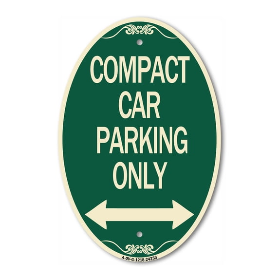 SignMission Designer Oval Series Sign - Compact Car Parking Only (With Bidirectional Arrow) | Green & Tan 12" X 18" Heavy-Gauge Aluminum Architectural Sign | Commercial Grade | Made in