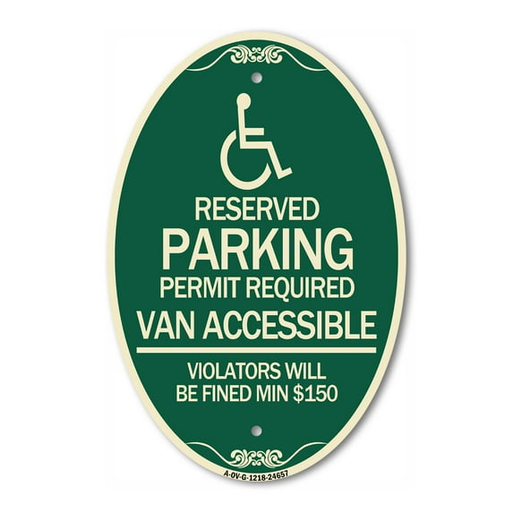 SignMission Designer Oval Series Sign - Connecticut Reserved Parking Permit Required Van Accessible Violators Will Be Fined Min $150 with Symbol | Green & Tan 12" X 18" Aluminum