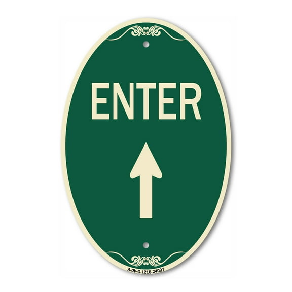 SignMission Designer Oval Series Sign - Enter Sign Enter with Up Arrow | Green & Tan 12" X 18" Heavy-Gauge Aluminum Architectural Sign | Commercial Grade | Made in the USA