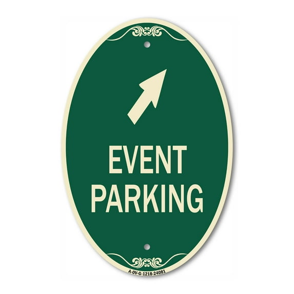 SignMission Designer Oval Series Sign - Event Parking (Up Right Arrow Symbol) | Green & Tan 12" X 18" Heavy-Gauge Aluminum Architectural Sign | Commercial Grade | Made in the USA