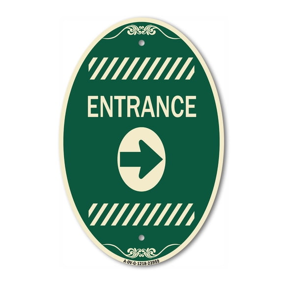SignMission Designer Oval Series Sign - Flex Post Entrance with Right Arrow Decal Only for Flex Paddle | Green & Tan 12" X 18" Heavy-Gauge Aluminum Architectural Sign | Made in the USA
