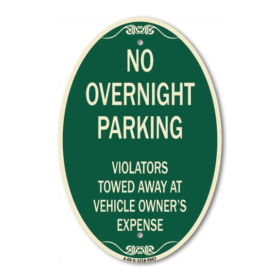 SignMission Designer Oval Series Sign - No Overnight Parking | Green & Tan 12" X 18" Heavy-Gauge Aluminum Architectural Sign | Commercial Grade | Made in the USA