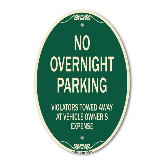SignMission Designer Oval Series Sign - No Overnight Parking | Green & Tan 12" X 18" Heavy-Gauge Aluminum Architectural Sign | Commercial Grade | Made in the USA