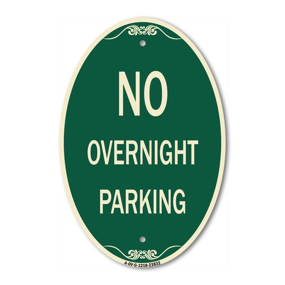 SignMission Designer Oval Series Sign - No Overnight Parking Sign | Green & Tan 12" X 18" Heavy-Gauge Aluminum Architectural Sign | Commercial Grade | Made in the USA