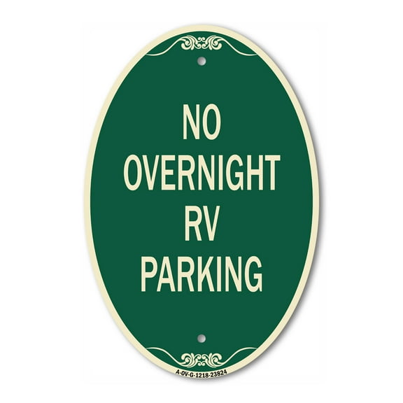SignMission Designer Oval Series Sign - No Overnight RV Parking | Green & Tan 12" X 18" Heavy-Gauge Aluminum Architectural Sign | Commercial Grade | Made in the USA