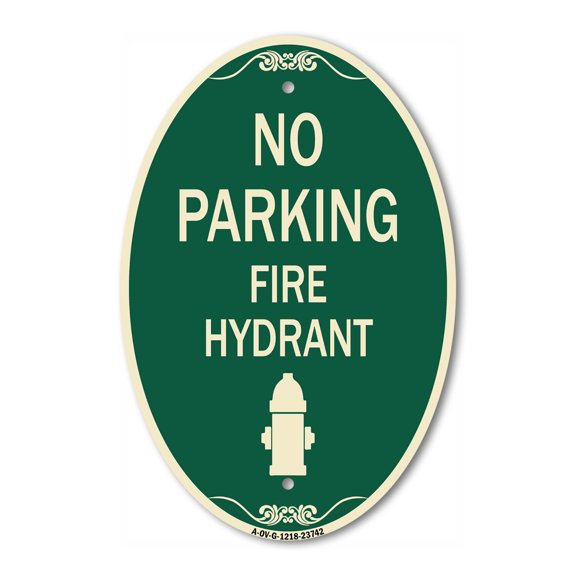 SignMission Designer Oval Series Sign - No Parking Fire Hydrant (With Graphic) | Green & Tan 12" X 18" Heavy-Gauge Aluminum Architectural Sign | Commercial Grade | Made in the USA