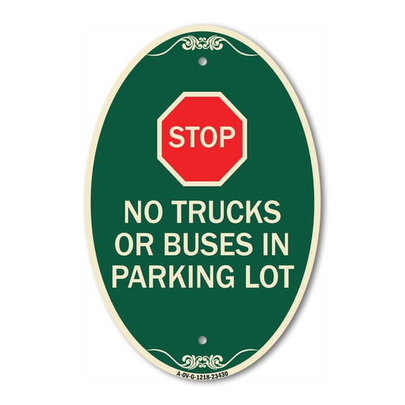 SignMission Designer Oval Series Sign - Parking Lot Rules Sign Stop - No Trucks or Buses in Parking Lot (With Stop Symbol) | Green & Tan 12" X 18" Heavy-Gauge Aluminum Architectural |