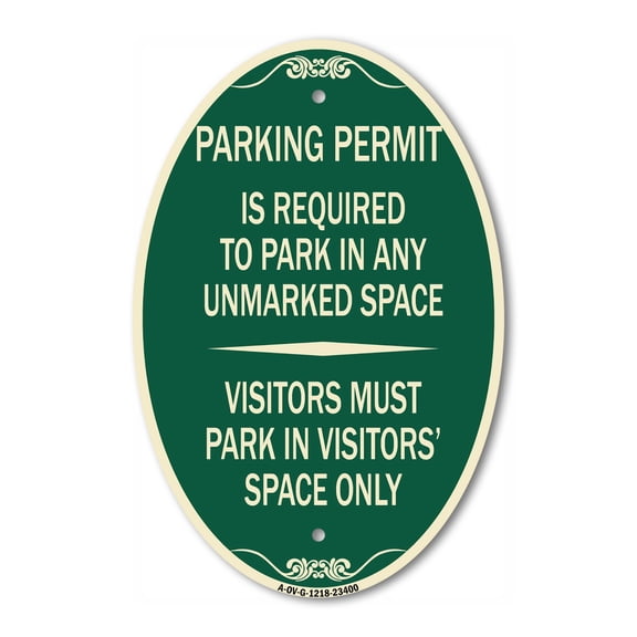 SignMission Designer Oval Series Sign - Parking Permit Is Required to Park in ANY Unmarked Space - Visitors Must Park in Visitors' Space Only | Green & Tan 12" X 18" Heavy Aluminum