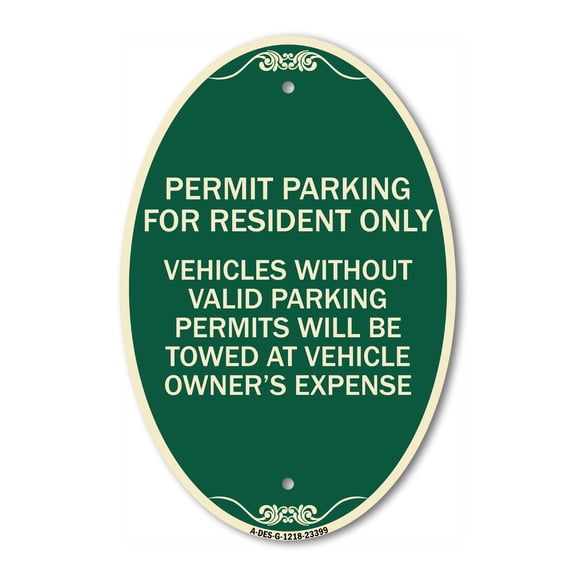SignMission Designer Oval Series Sign - Parking Permit Sign Permit Parking for Residents Only Vehicles Without Valid Parking Permits Will Be Towed | Green & Tan 12" X 18" Heavy Aluminum