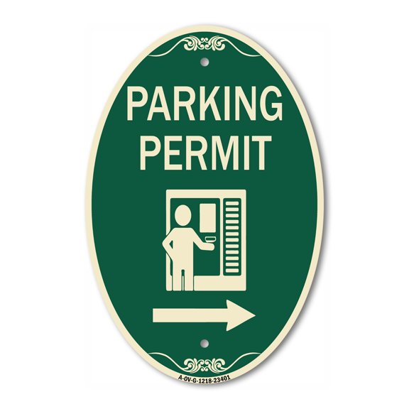 SignMission Designer Oval Series Sign - Parking Permit (With Right Arrow Symbol) | Green & Tan 12" X 18" Heavy-Gauge Aluminum Architectural Sign | Commercial Grade | Made in the USA