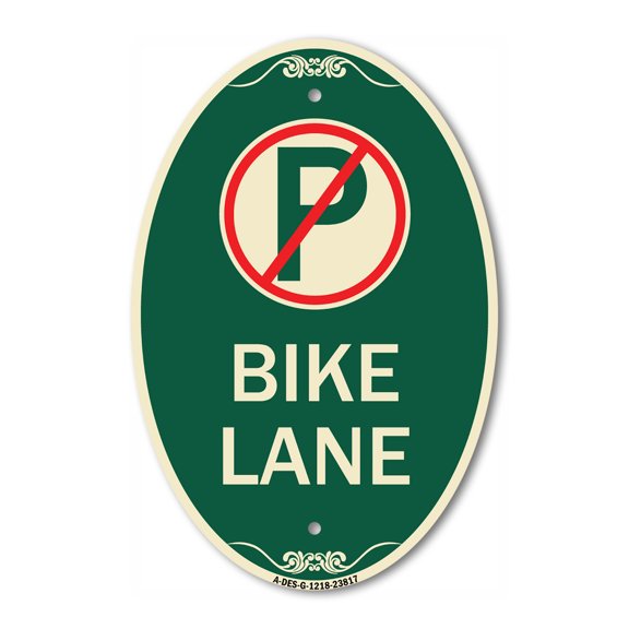SignMission Designer Oval Series Sign - No Parking (Symbol) Bike Lane | Green & Tan 12" X 18" Heavy-Gauge Aluminum Architectural Sign | Commercial Grade | Made in the USA