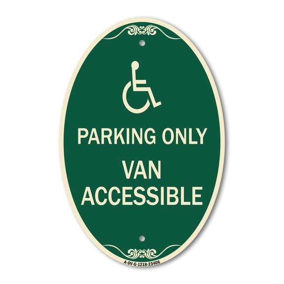 SignMission Designer Oval Series Sign - Parking Only Van Accessible (With Graphic) | Green & Tan 12" X 18" Heavy-Gauge Aluminum Architectural Sign | Commercial Grade | Made in the USA