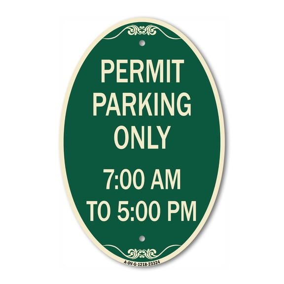 SignMission Designer Oval Series Sign - Permit Parking Only 7-00 Am to 5-00 Pm | Green & Tan 12" X 18" Heavy-Gauge Aluminum Architectural Sign | Commercial Grade | Made in the USA