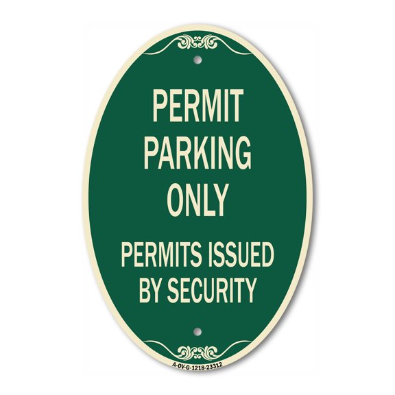 SignMission Designer Oval Series Sign - Permit Parking Only Permits Issued by Security | Green & Tan 12" X 18" Heavy-Gauge Aluminum Architectural Sign | Commercial Grade | Made in the