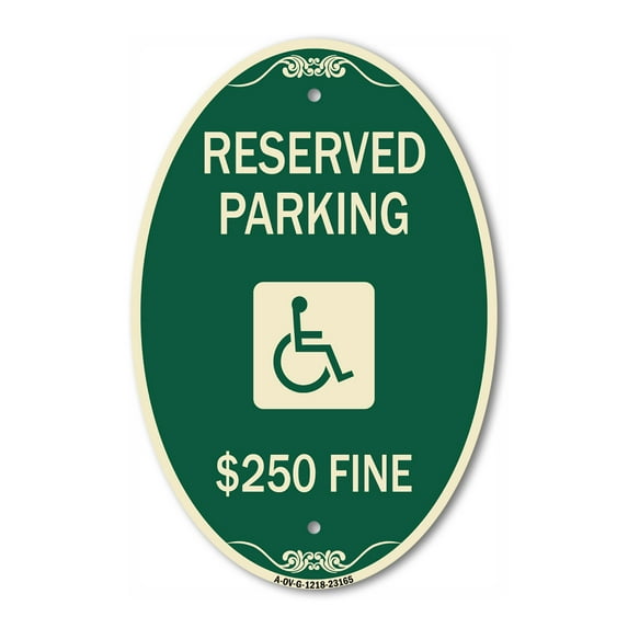 SignMission Designer Oval Series Sign - Reserved Parking $250 Fine (With Graphic) | Green & Tan 12" X 18" Heavy-Gauge Aluminum Architectural Sign | Commercial Grade | Made in the USA