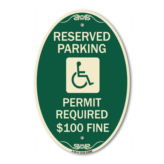 SignMission Designer Oval Series Sign - Reserved Parking Permit Required $100 Fine | Green & Tan 12" X 18" Heavy-Gauge Aluminum Architectural Sign | Commercial Grade | Made in the USA