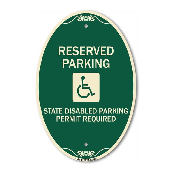 SignMission Designer Oval Series Sign - Reserved Parking State Disabled Parking Permit Required (Handicapped Symbol) | Green & Tan 12" X 18" Heavy-Gauge Aluminum Architectural Sign |