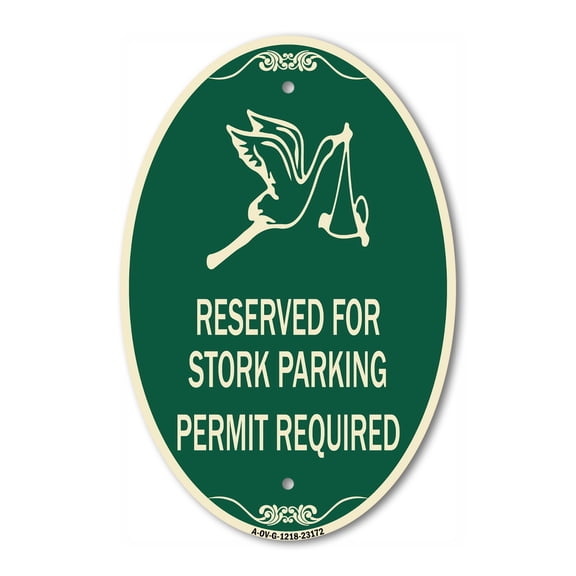 SignMission Designer Oval Series Sign - Reserved for Stork Parking Permit Required (With Graphic | Green & Tan 12" X 18" Heavy-Gauge Aluminum Architectural Sign | Commercial Grade |