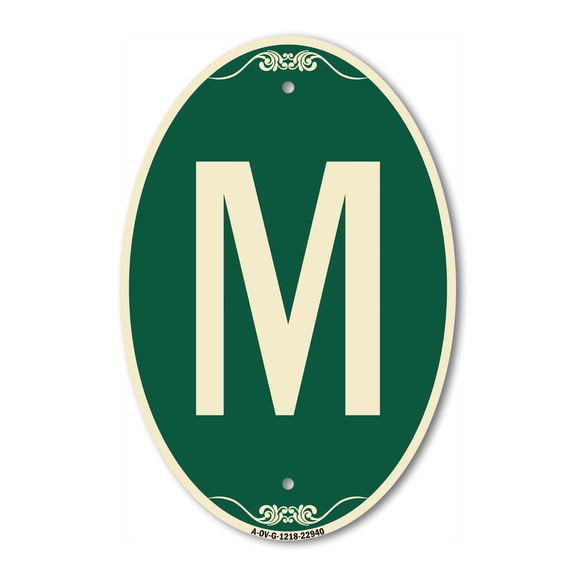 SignMission Designer Oval Series Sign - Sign with Letter M | Green & Tan 12" X 18" Heavy-Gauge Aluminum Architectural Sign | Commercial Grade | Made in the USA