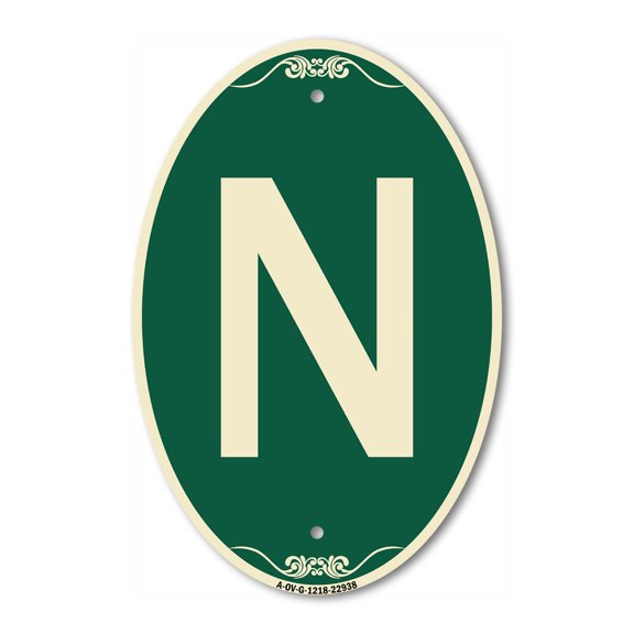 SignMission Designer Oval Series Sign - Sign with Letter N | Green & Tan 12" X 18" Heavy-Gauge Aluminum Architectural Sign | Commercial Grade | Made in the USA