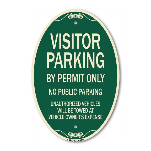SignMission Designer Oval Series Sign - Visitor Parking By Permit Only, No Public Parking | Green & Tan 12" X 18" Heavy-Gauge Aluminum Architectural Sign | Commercial Grade | Made in