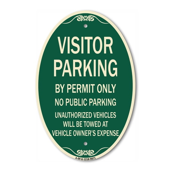 SignMission Designer Oval Series Sign - Visitor Parking By Permit Only No Public Parking Sign | Green & Tan 12" X 18" Heavy-Gauge Aluminum Architectural Sign | Made in the USA