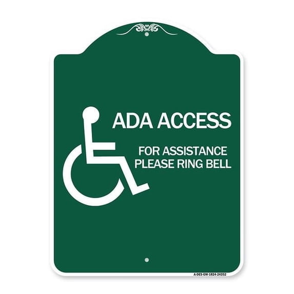 SignMission A-DES-GW-1824-24352 18 x 24 in. Designer Series Sign - ADA Access for Assistance Ring Bell with New ISA Symbol, Green & White