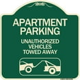 thumbnail image 1 of SignMission Designer Series Sign - Apartment Parking - Unauthorized Vehicles Towed Away (With Car Tow Graphic) | Green & Tan 18" X 18" Heavy-Gauge Aluminum Architectural Sign | Made in, 1 of 4