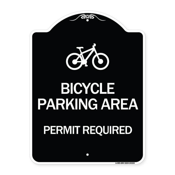 SignMission Designer Series Sign - Bicycle Parking Area - Permit Required with Graphic | Black & White 18" x 24" Heavy-Gauge Aluminum Architectural Sign | Made in the USA