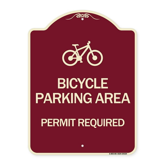 SignMission Designer Series Sign - Bicycle Parking Area - Permit Required with Graphic | Burgundy 18" x 24" Heavy-Gauge Aluminum Architectural Sign | Made in the USA