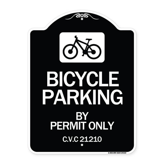 SignMission Designer Series Sign - Bicycle Parking by Permit Only C.V.S. 21210 (With Bicycle Graphic) | Black & White 18" x 24" Heavy-Gauge Aluminum Architectural Sign | Made in the USA