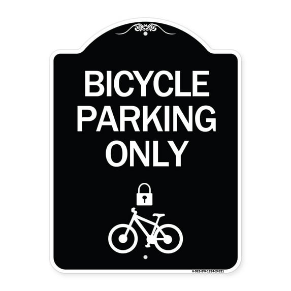 SignMission Designer Series Sign - Bicycle Parking Only (With Cycle and Lock Symbol | Black & White 18" x 24" Heavy-Gauge Aluminum Architectural Sign | Made in the USA