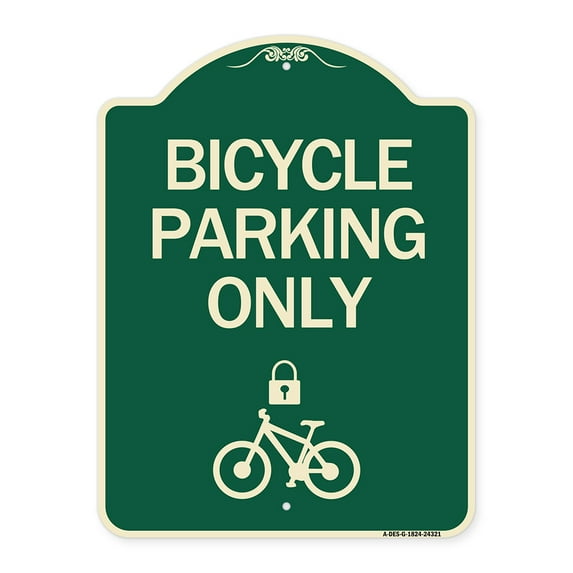 SignMission Designer Series Sign - Bicycle Parking Only (With Cycle and Lock Symbol | Green & Tan 18" x 24" Heavy-Gauge Aluminum Architectural Sign | Made in the USA