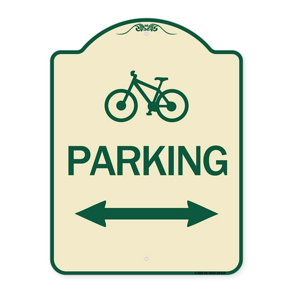SignMission Designer Series Sign - Bicycle Symbol Parking (With Bidirectional Arrow) | Tan & Green 18" x 24" Heavy-Gauge Aluminum Architectural Sign | Made in the USA