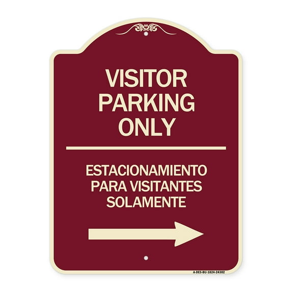 SignMission Designer Series Sign - Bilingual Reserved Parking Sign Visitor Parking Only - Estacionamiento Para Visitantes Solamente (With Right Arrow) | Burgundy 18" x 24" Heavy-Gauge