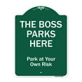 thumbnail image 1 of SignMission Designer Series Sign - The Boss Parks Here | Green & White 18" x 24" Heavy-Gauge Aluminum Architectural Sign | Protect Your Business & Municipality | Made in the USA, 1 of 4