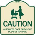 thumbnail image 1 of SignMission Designer Series Sign - Caution - Automatic Door Opens Out Please Step Back with Graphic | Tan & Green 18" X 18" Heavy-Gauge Aluminum Architectural Sign | Made in the USA, 1 of 4