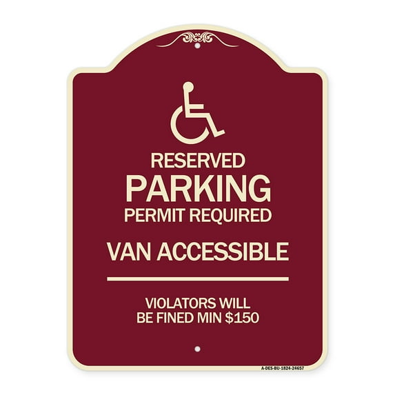 SignMission Designer Series Sign - Connecticut Reserved Parking Permit Required Van Accessible Violators Will Be Fined Min $150 with Symbol | Burgundy 18" x 24" Heavy-Gauge Aluminum