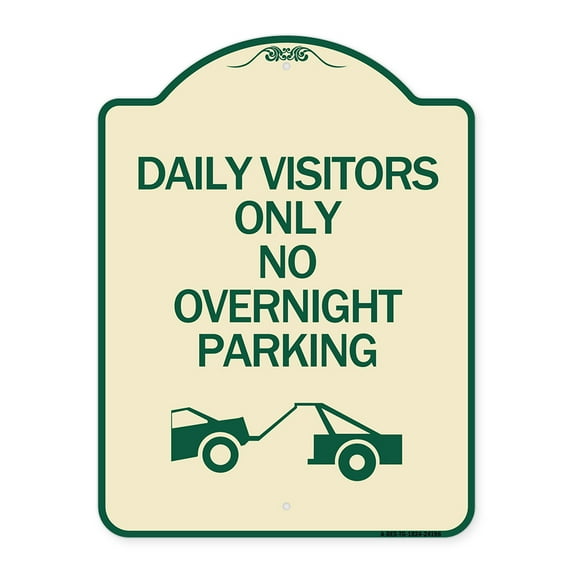 SignMission Designer Series Sign - Day Visitors Only No Overnight Parking (With Graphic) | Tan & Green 18" x 24" Heavy-Gauge Aluminum Architectural Sign | Made in the USA