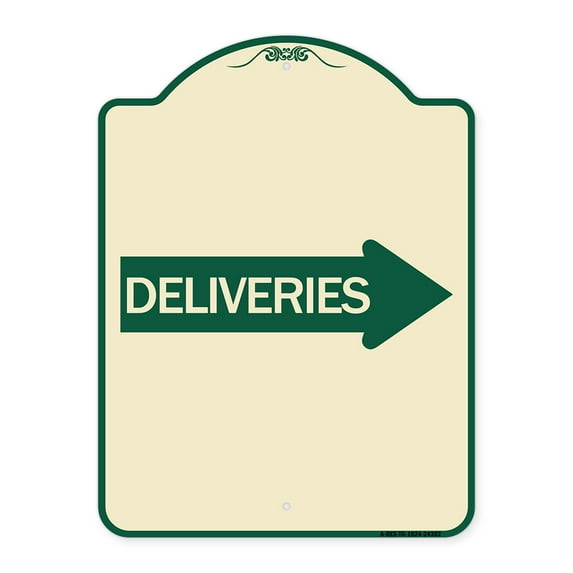 SignMission Designer Series Sign - Deliveries (With Right Arrow) | Tan & Green 18" x 24" Heavy-Gauge Aluminum Architectural Sign | Protect Your Business & Municipality | Made in the USA