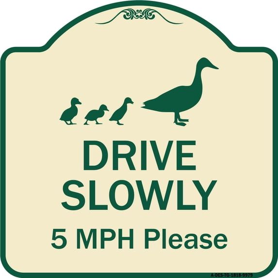 SignMission Designer Series Sign - Drive Slowly 5 Mph Please With Duck And Ducklings Walking Graphic | Tan & Green 18" X 18" Heavy-Gauge Aluminum Architectural Sign | Made in the USA