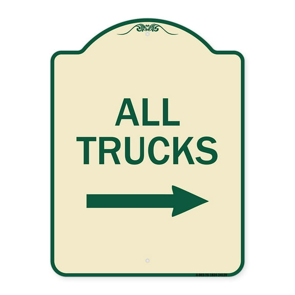 SignMission Designer Series Sign - Driveway Sign All Trucks with Right Arrow | Tan & Green 18" x 24" Heavy-Gauge Aluminum Architectural Sign | Protect Your Business & Municipality |