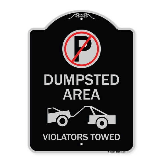 SignMission Designer Series Sign - Dumpster Sign No Parking Dumpster Area Violators Towed (With Graphic) | Black & Silver 18" x 24" Heavy-Gauge Aluminum Architectural Sign | Made in the