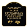 thumbnail image 1 of SignMission Designer Series Sign - Emergency Access Don't Block Gate Unauthorized Vehicles Towed at Vehicle Owner's Expense (With Car Tow Graphic) | Black & Gold 18" X 18" Aluminum, 1 of 4