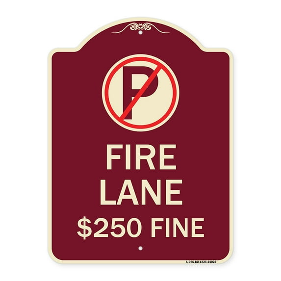 SignMission Designer Series Sign - Fire Lane $250 Fine (With No Parking Symbol) | Burgundy 18" x 24" Heavy-Gauge Aluminum Architectural Sign | Protect Your Business & Municipality |